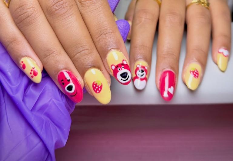 Lotso Bear & Strawberry Hand-painted Nail Art